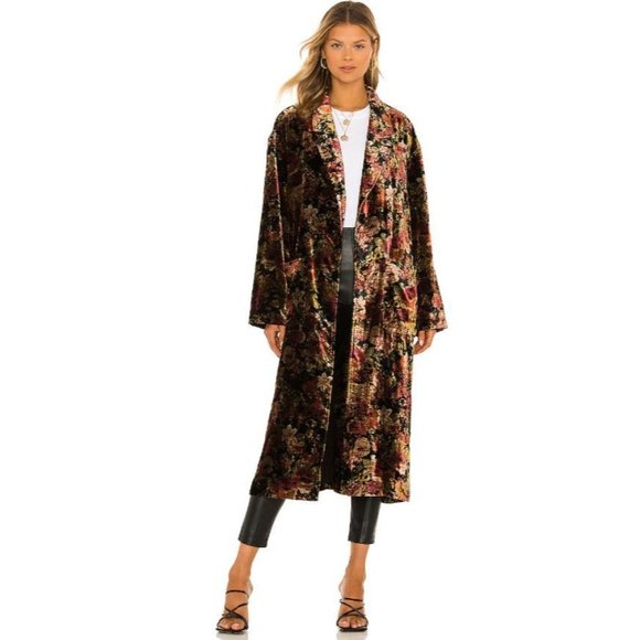 Free People Jackets & Blazers - Free People Simone Velvet Long Maxi Duster in Black Rose Combo Size L NEW